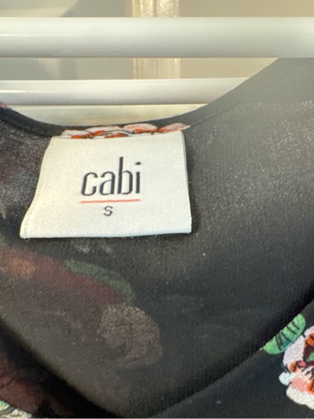 CAbi Black Floral Scoop Neck Top with Logo Tag